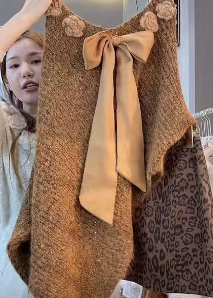 Suéter de punto con lazo floral y mangas murciélago Art Coffee