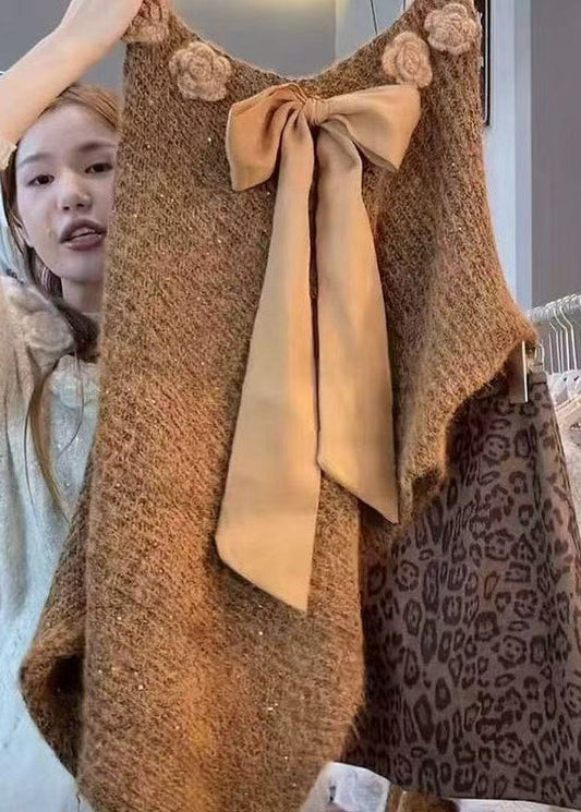 Suéter de punto con lazo floral y mangas murciélago Art Coffee