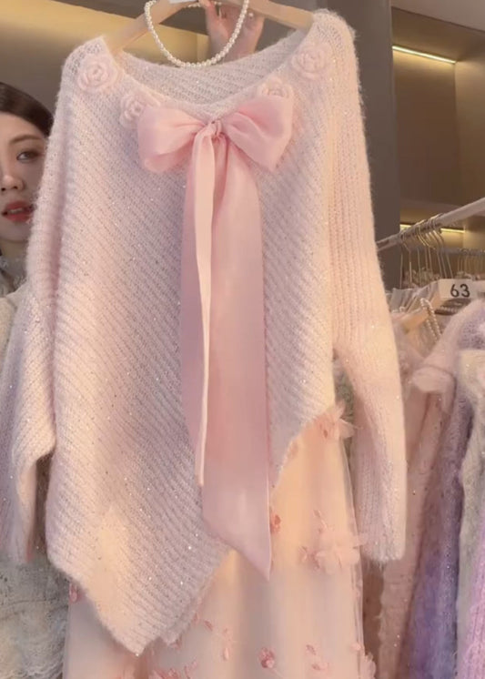 Suéter de punto con lazo floral y mangas murciélago Art Coffee