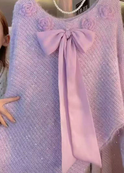 Suéter de punto con lazo floral y mangas murciélago Art Coffee