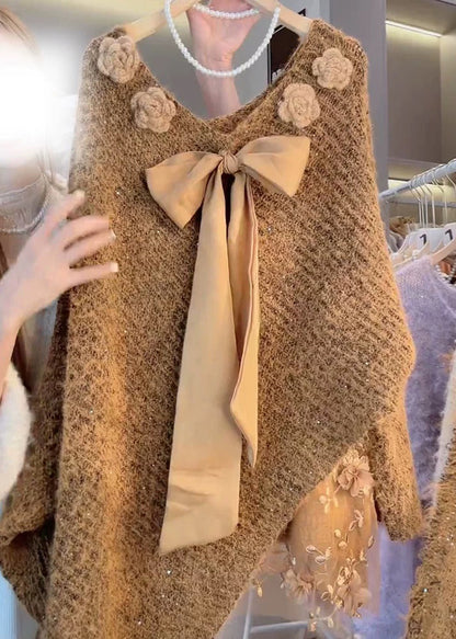 Suéter de punto con lazo floral y mangas murciélago Art Coffee