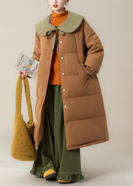 Art Coffee Peter Pan Kragen Schnürung Patchwork Lange Steppjacke mit Entendaunen Winter