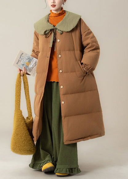 Art Coffee Peter Pan Kragen Schnürung Patchwork Lange Steppjacke mit Entendaunen Winter