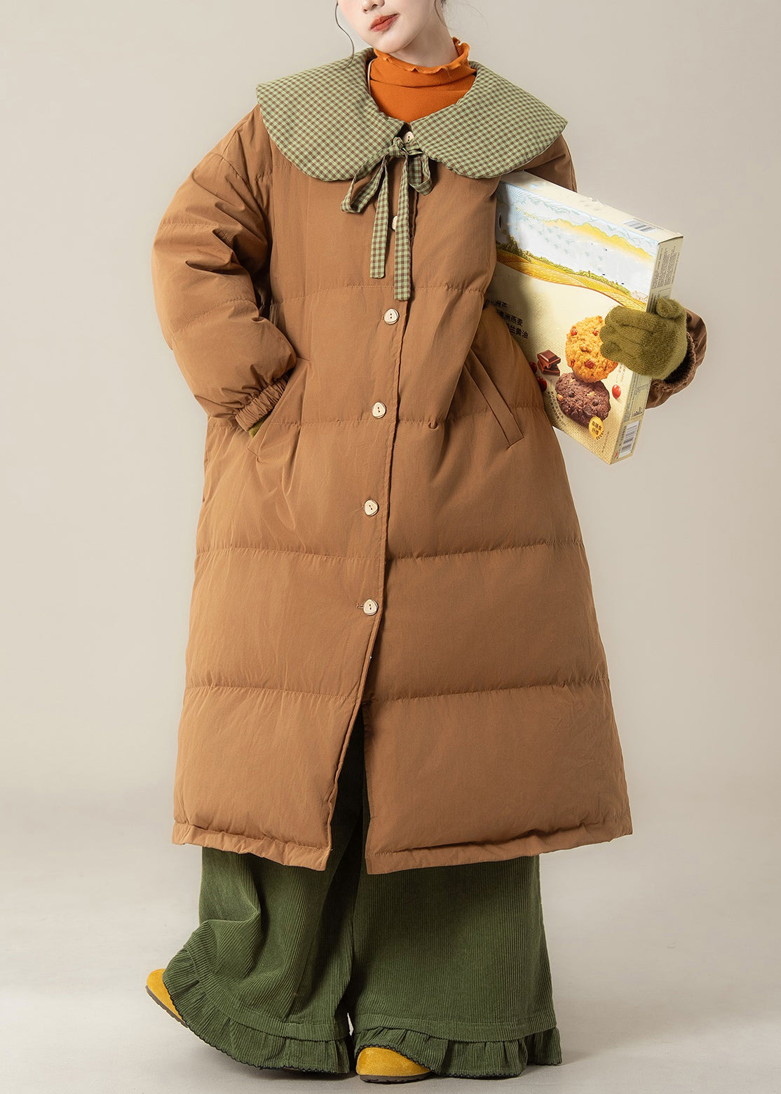 Art Coffee Peter Pan Kragen Schnürung Patchwork Lange Steppjacke mit Entendaunen Winter