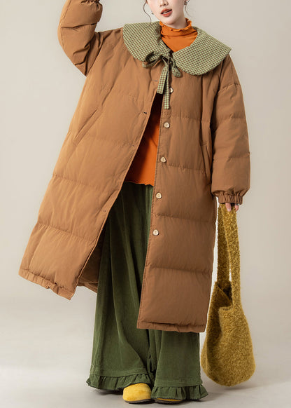 Art Coffee Peter Pan Kragen Schnürung Patchwork Lange Steppjacke mit Entendaunen Winter