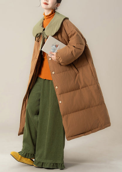 Art Coffee Peter Pan Kragen Schnürung Patchwork Lange Steppjacke mit Entendaunen Winter