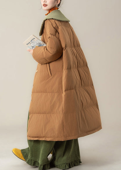 Art Coffee Peter Pan Kragen Schnürung Patchwork Lange Steppjacke mit Entendaunen Winter