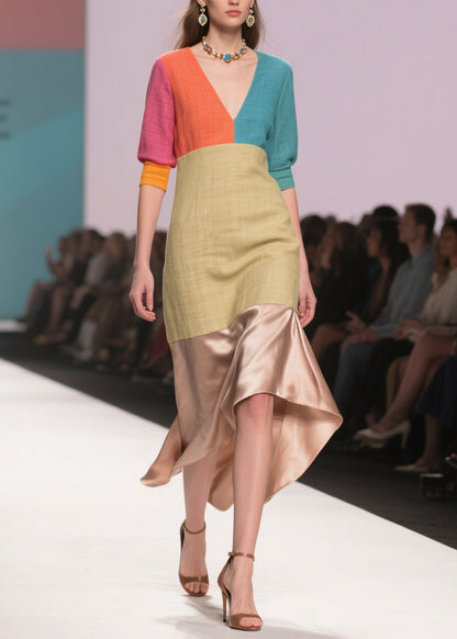 Art Colorblock Asymmetrical Design Patchwork Linen Silk Dress Summer