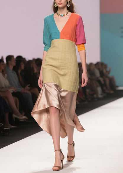 Art Colorblock Asymmetrical Design Patchwork Linen Silk Dress Summer