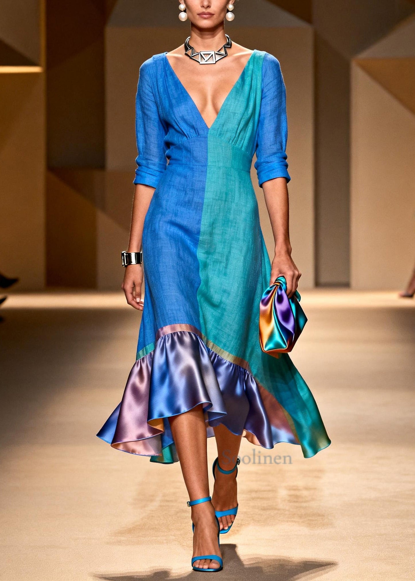 Art Colorblock Asymmetrical Patchwork Cotton Maxi Dress Summer