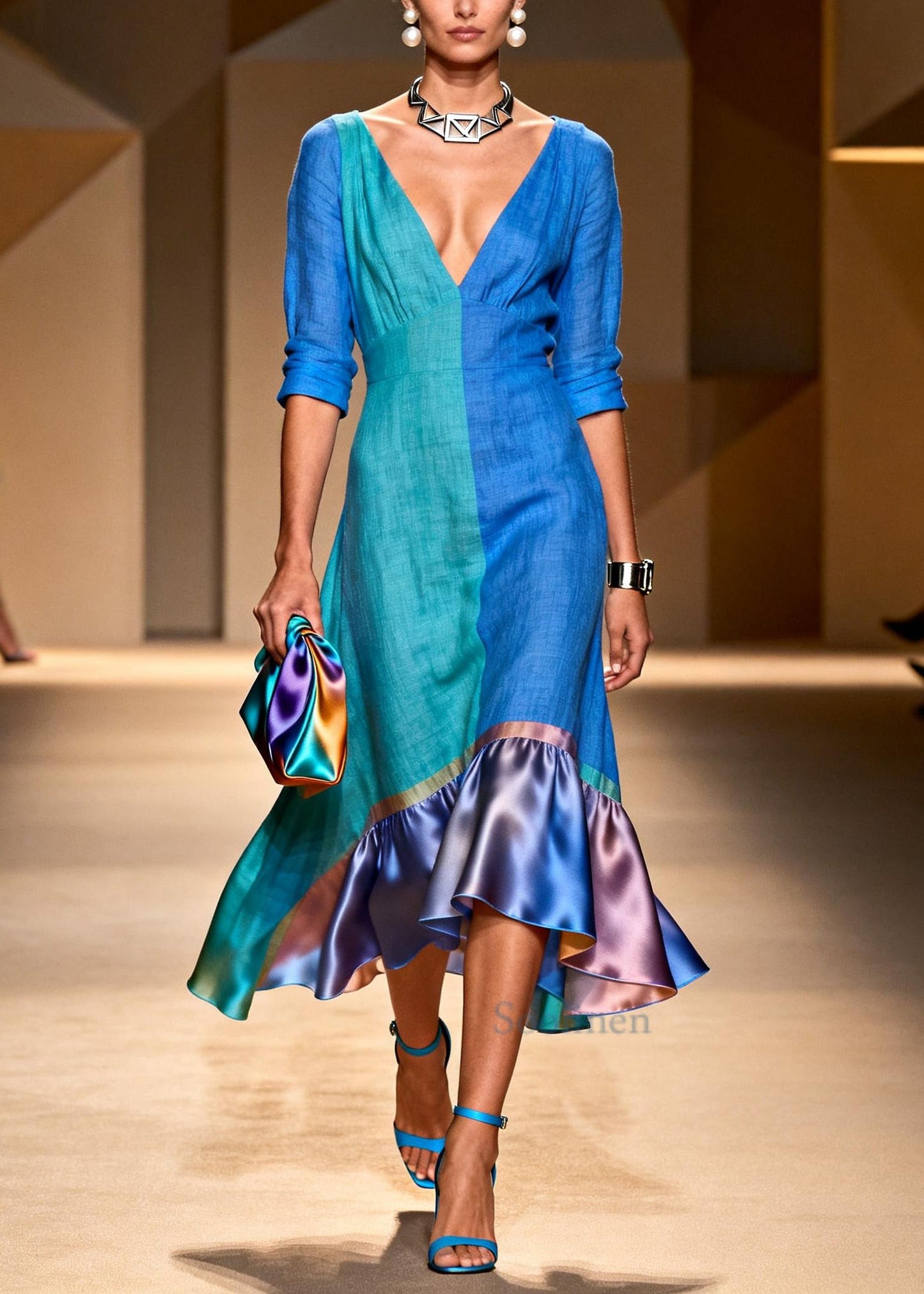 Art Colorblock Asymmetrical Patchwork Cotton Maxi Dress Summer