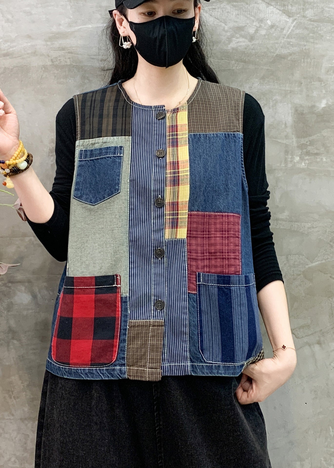 Art Colorblock Asymmetrical Patchwork Cotton Vests Summer