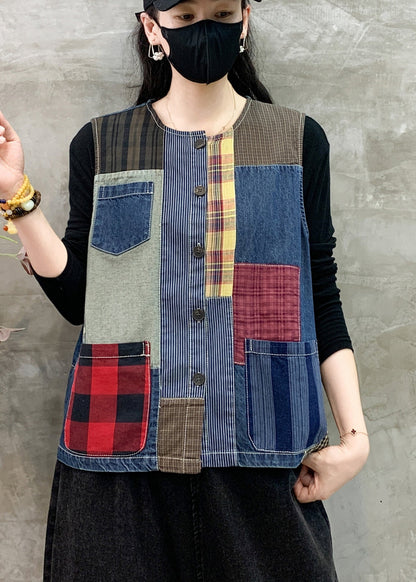 Art Colorblock Asymmetrical Patchwork Cotton Vests Summer