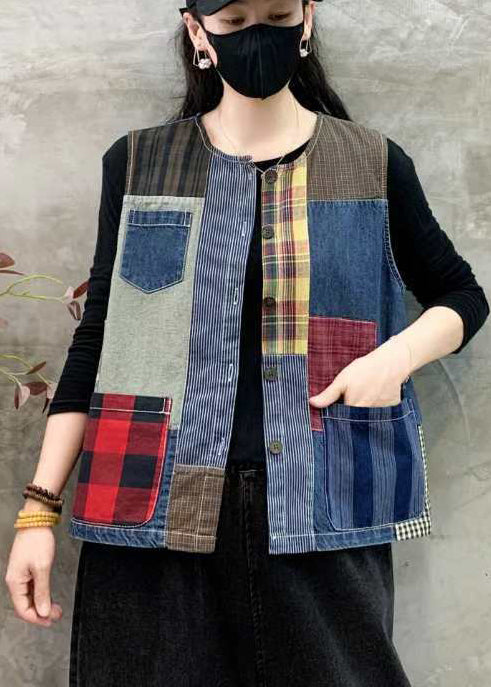 Art Colorblock Asymmetrical Patchwork Cotton Vests Summer