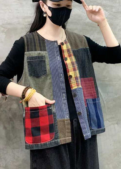 Art Colorblock Asymmetrical Patchwork Cotton Vests Summer