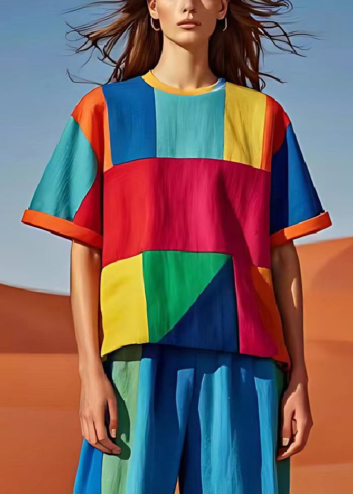 Art Colorblock Asymmetrische Patchwork Leinen Tank Tops Sommer