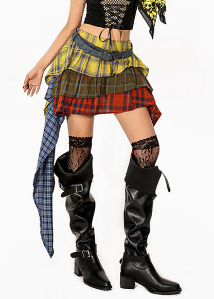 Art Colorblock Asymmetrical Plaid Maxi Skirts Summer