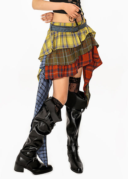 Art Colorblock Asymmetrical Plaid Maxi Skirts Summer