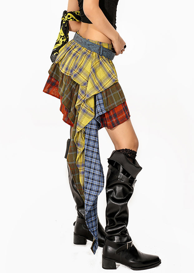 Art Colorblock Asymmetrical Plaid Maxi Skirts Summer