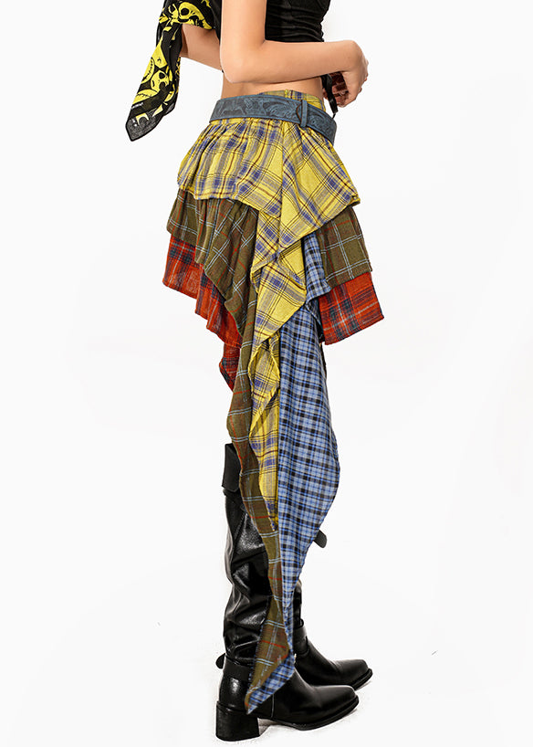 Art Colorblock Asymmetrical Plaid Maxi Skirts Summer