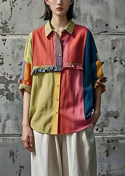 Art Colorblock Rüschen Patchwork Leinen Tops Sommer