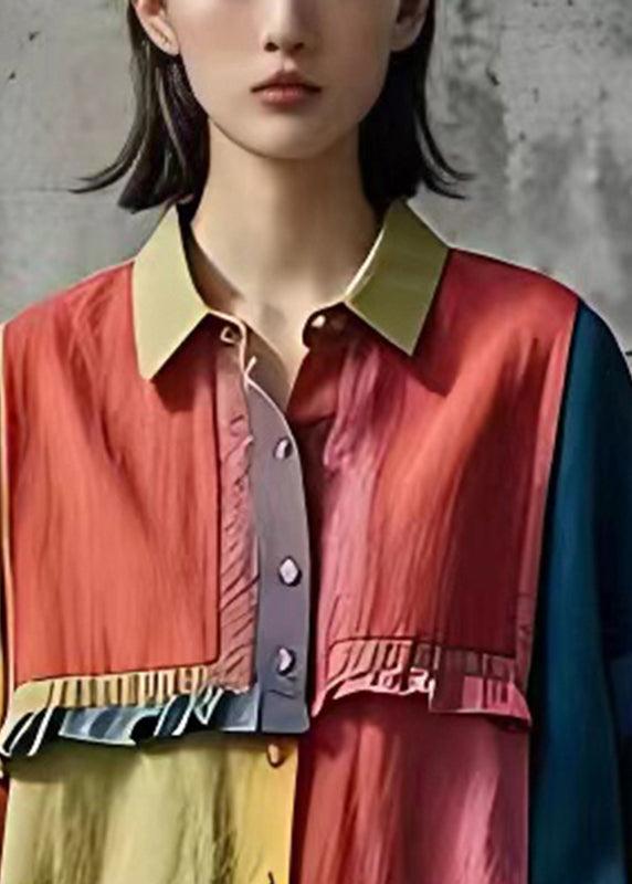 Art Colorblock Ruffled Patchwork Linen Tops Summer