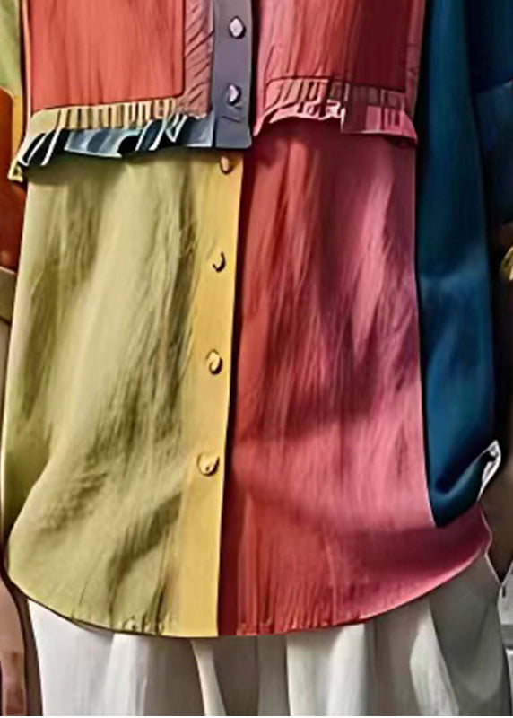 Art Colorblock Ruffled Patchwork Linen Tops Summer