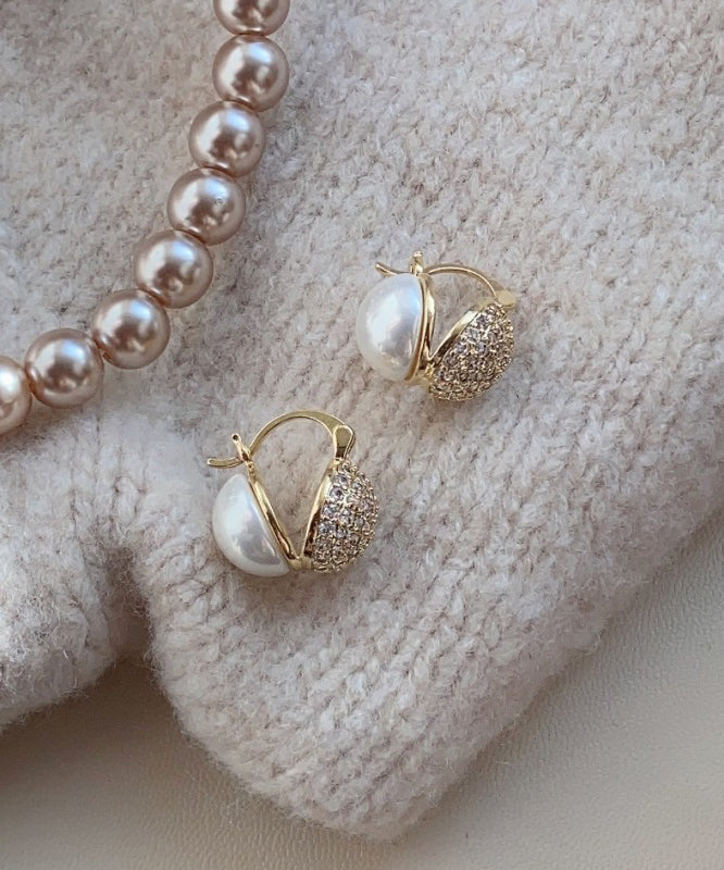 Pendientes de plata de ley con bloques de color artísticos y perlas de circonita dorada