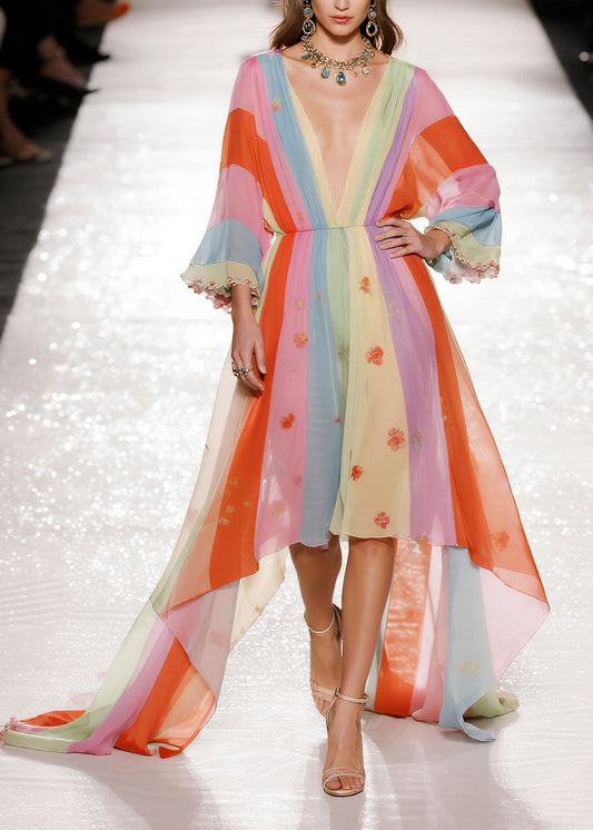 Art Colorblock V Neck Asymmetrical Design Chiffon Dresses Spring