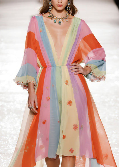 Art Colorblock V Neck Asymmetrical Design Chiffon Dresses Spring