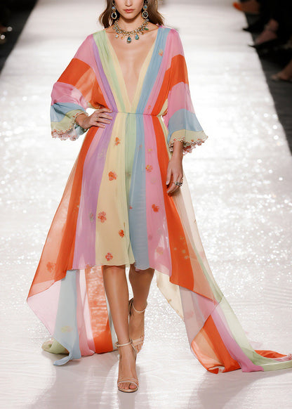 Art Colorblock V Neck Asymmetrical Design Chiffon Dresses Spring