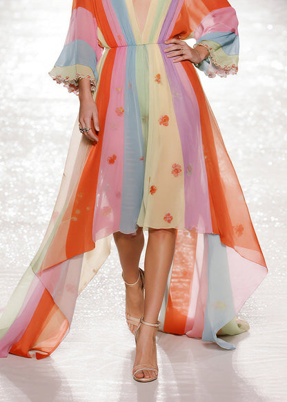 Art Colorblock V Neck Asymmetrical Design Chiffon Dresses Spring