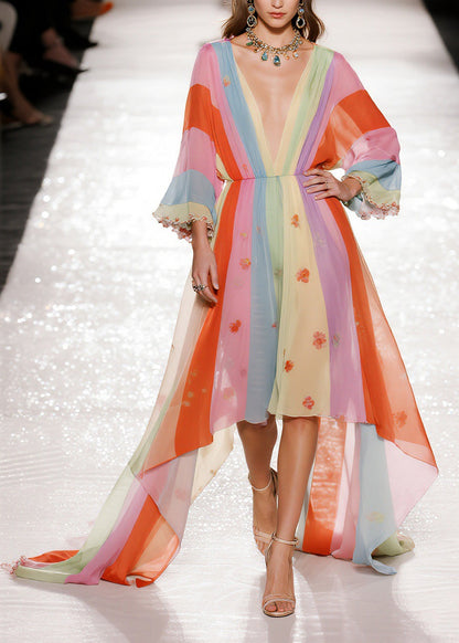 Art Colorblock V Neck Asymmetrical Design Chiffon Dresses Spring