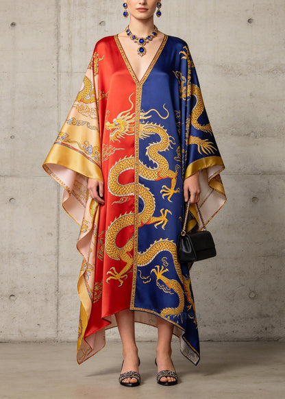 Art ColorblockC Oversized Print Silk Dress Batwing Sleeve
