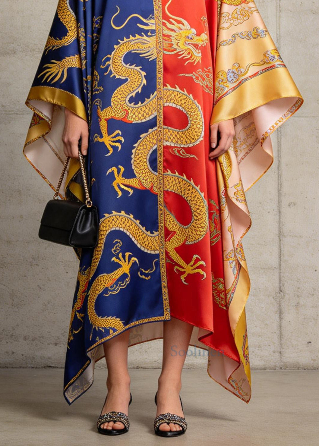 Art ColorblockC Oversized Print Silk Dress Batwing Sleeve
