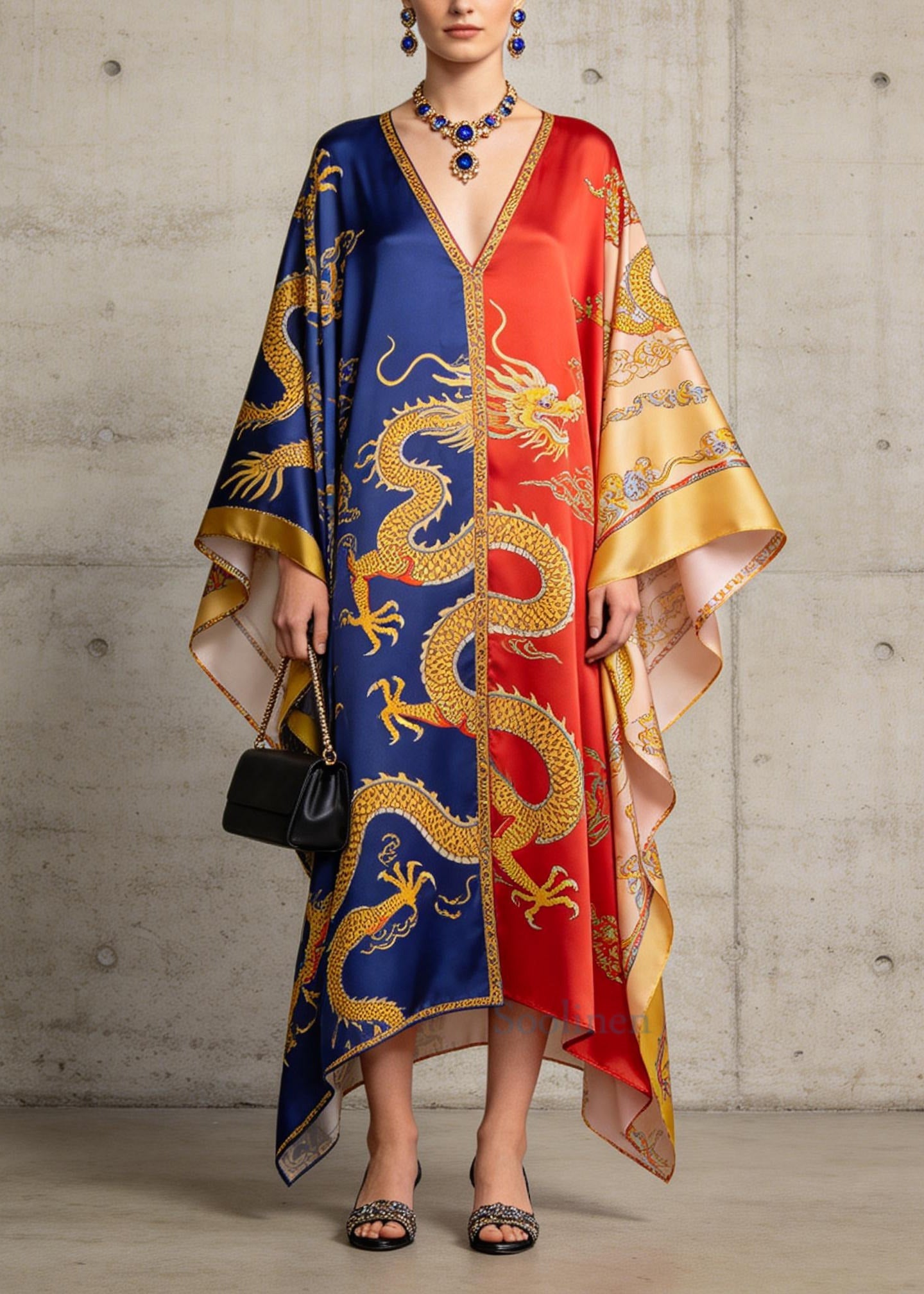 Art ColorblockC Oversized Print Silk Dress Batwing Sleeve