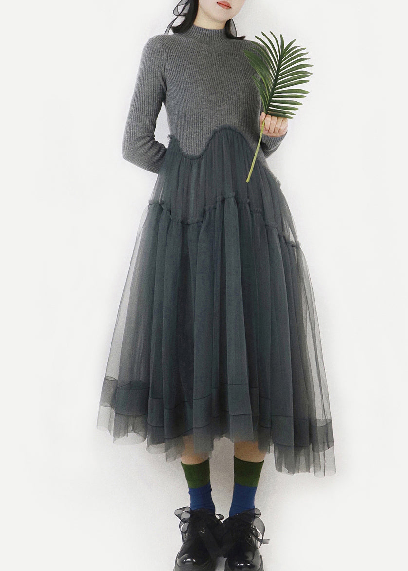 Art Dark Gray Asymmetrical Tulle Patchwork Sweater Dress Winter