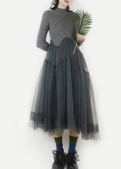 Art Dark Gray Asymmetrical Tulle Patchwork Sweater Dress Winter