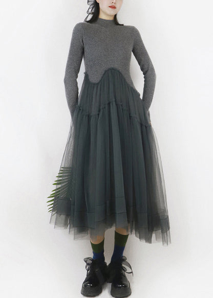 Art Dark Gray Asymmetrical Tulle Patchwork Sweater Dress Winter