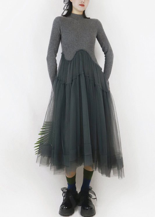 Art Dark Gray Asymmetrical Tulle Patchwork Sweater Dress Winter