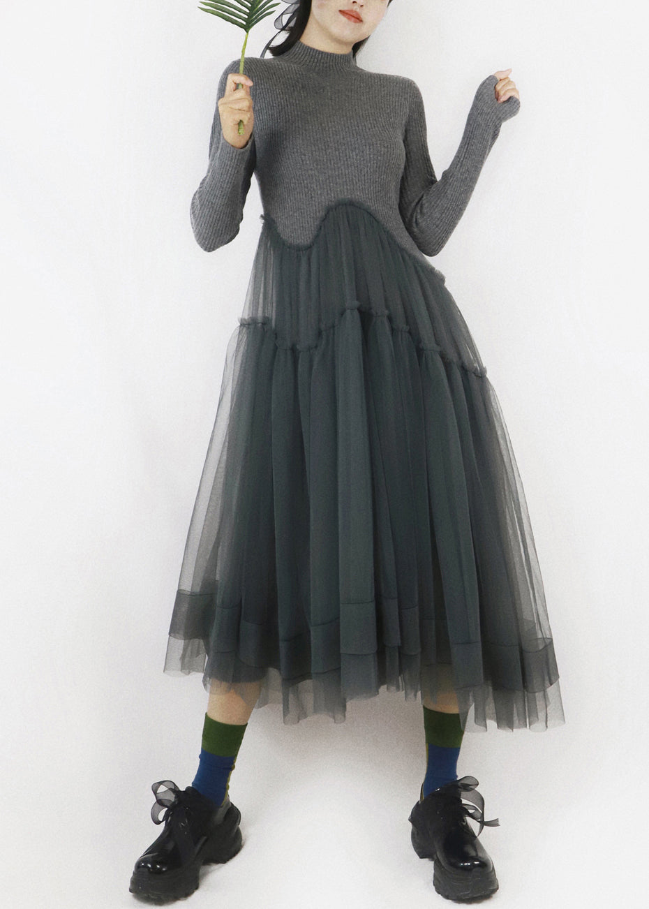 Art Dark Gray Asymmetrical Tulle Patchwork Sweater Dress Winter