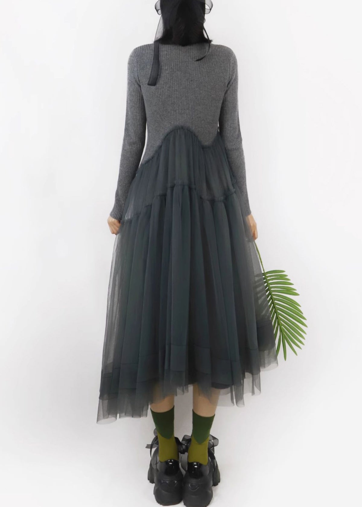 Art Dark Gray Asymmetrical Tulle Patchwork Sweater Dress Winter