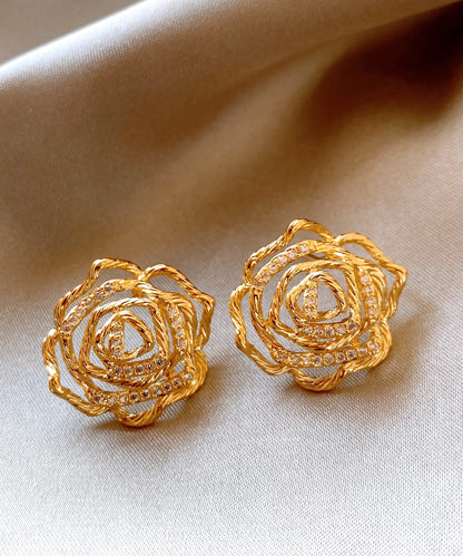 Art Gold Copper Overgild Hollow Out Floral Stud Earrings