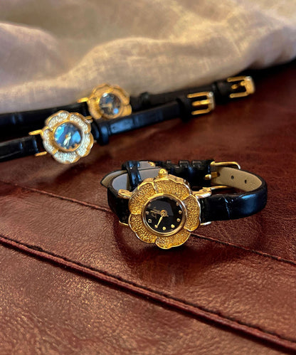 Art Gold Leather Alloy Camellia Quartz Movement Watches