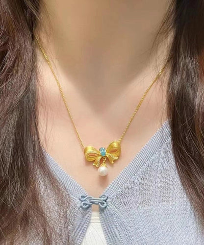 Art Gold Edelstahl Legierung Zirkon Perle Schmetterling Anhänger Halskette