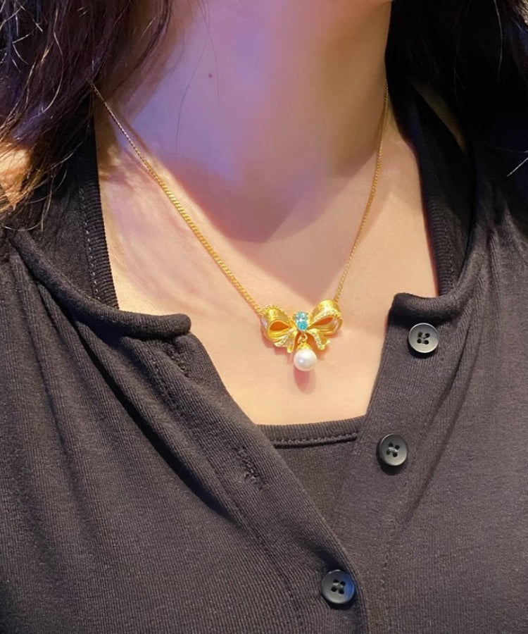 Art Gold Edelstahl Legierung Zirkon Perle Schmetterling Anhänger Halskette