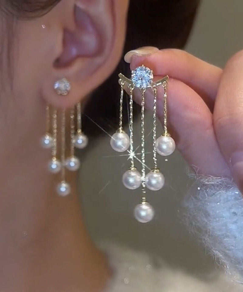 Pendientes colgantes con borlas de perlas y circonitas doradas y plateadas de ley y cobre