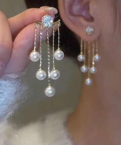 Pendientes colgantes con borlas de perlas y circonitas doradas y plateadas de ley y cobre