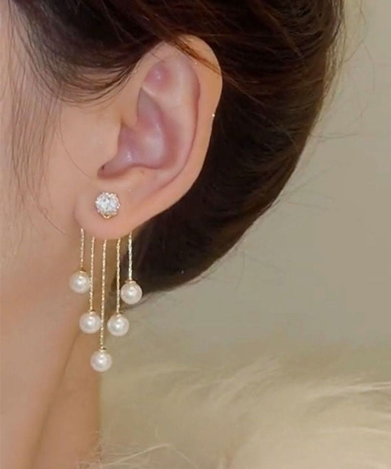 Pendientes colgantes con borlas de perlas y circonitas doradas y plateadas de ley y cobre