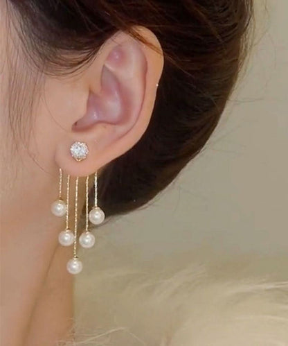 Pendientes colgantes con borlas de perlas y circonitas doradas y plateadas de ley y cobre